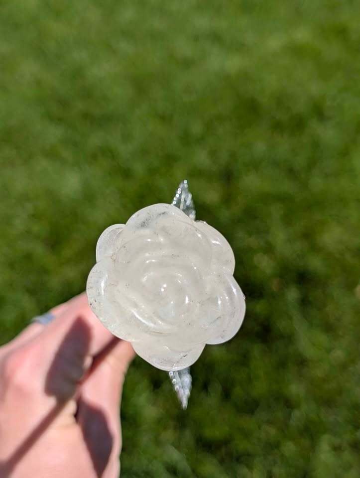 Clear Quartz Crystal Rose on Silver Stem – 9″ Long Carved Stone Flower