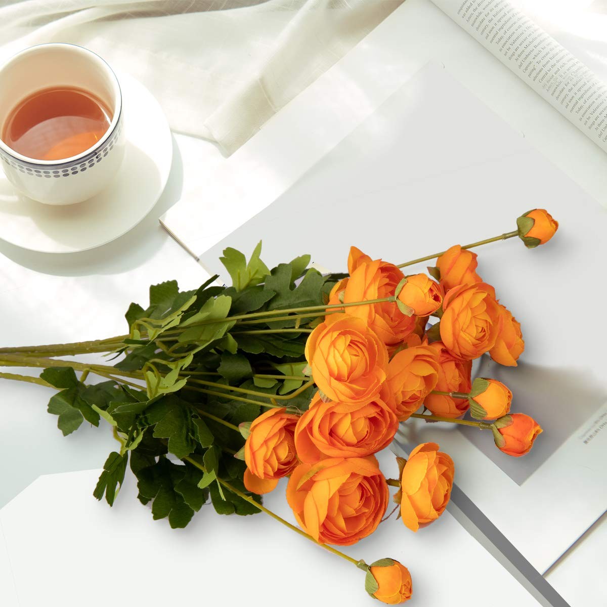 5 Stems Artificial Silk Ranunculus Flowers Orange 23″ Tall,UV Resistant,Benda…