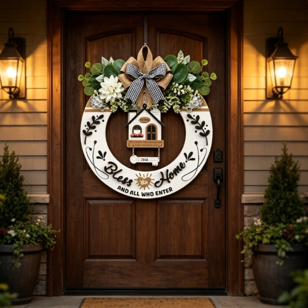 Farmhouse Wooden Welcome Wreath for Front Door Porch Decor 15 Inch Rustic