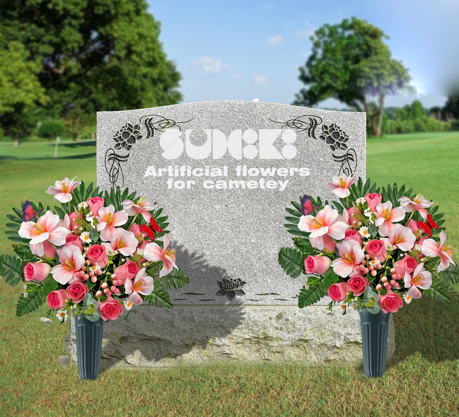 Grave Flowers Memorial Day Spring Pink Bouquet With Vase Headstone 1 PCS