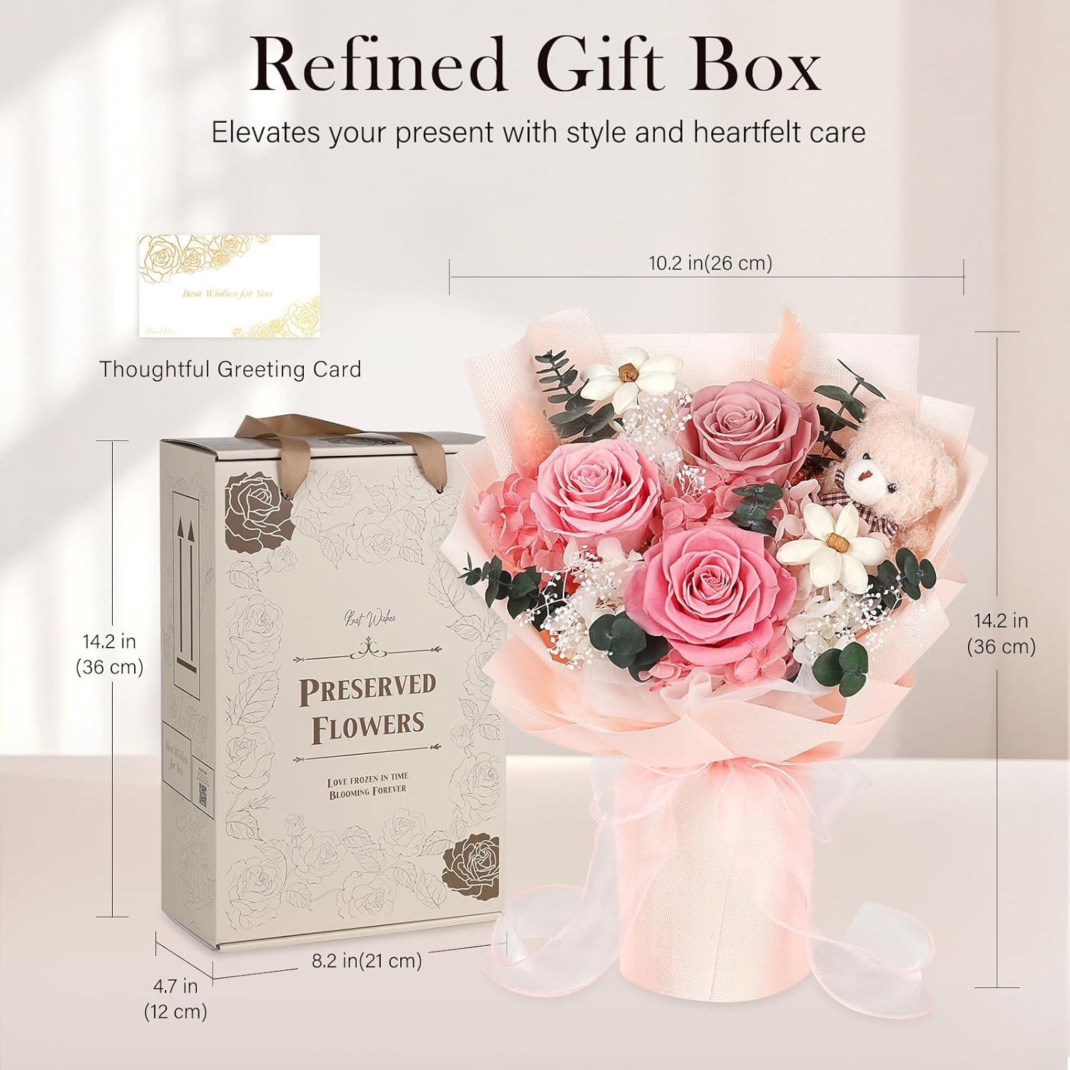 Preserved Flowers Bouquet with Bear, 3 Real Forever Flowers for Delivery, Long-L