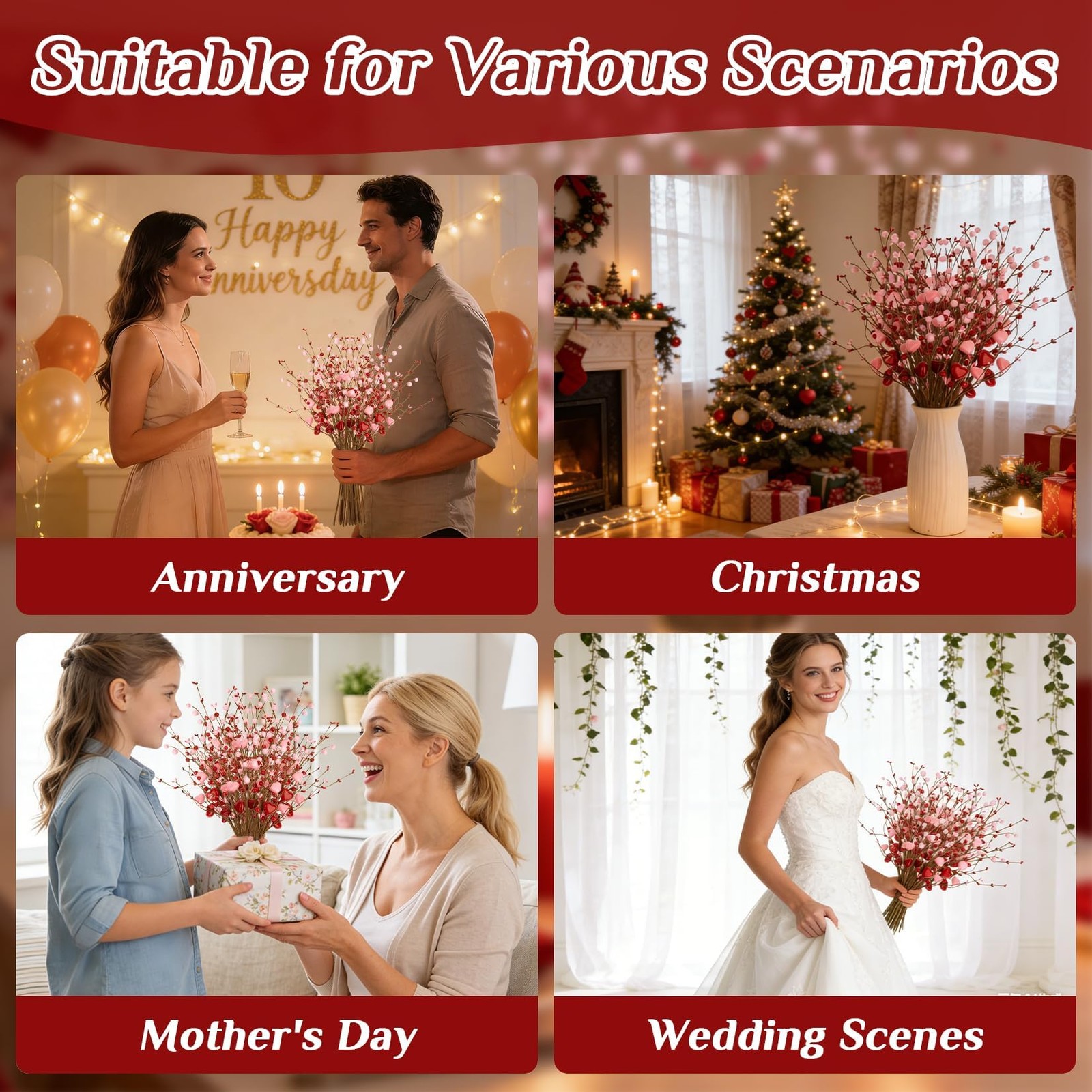 6PCS Artificial Red Stems – 16.5″ Heart Picks for Vase, Mother’s Day Floral D…
