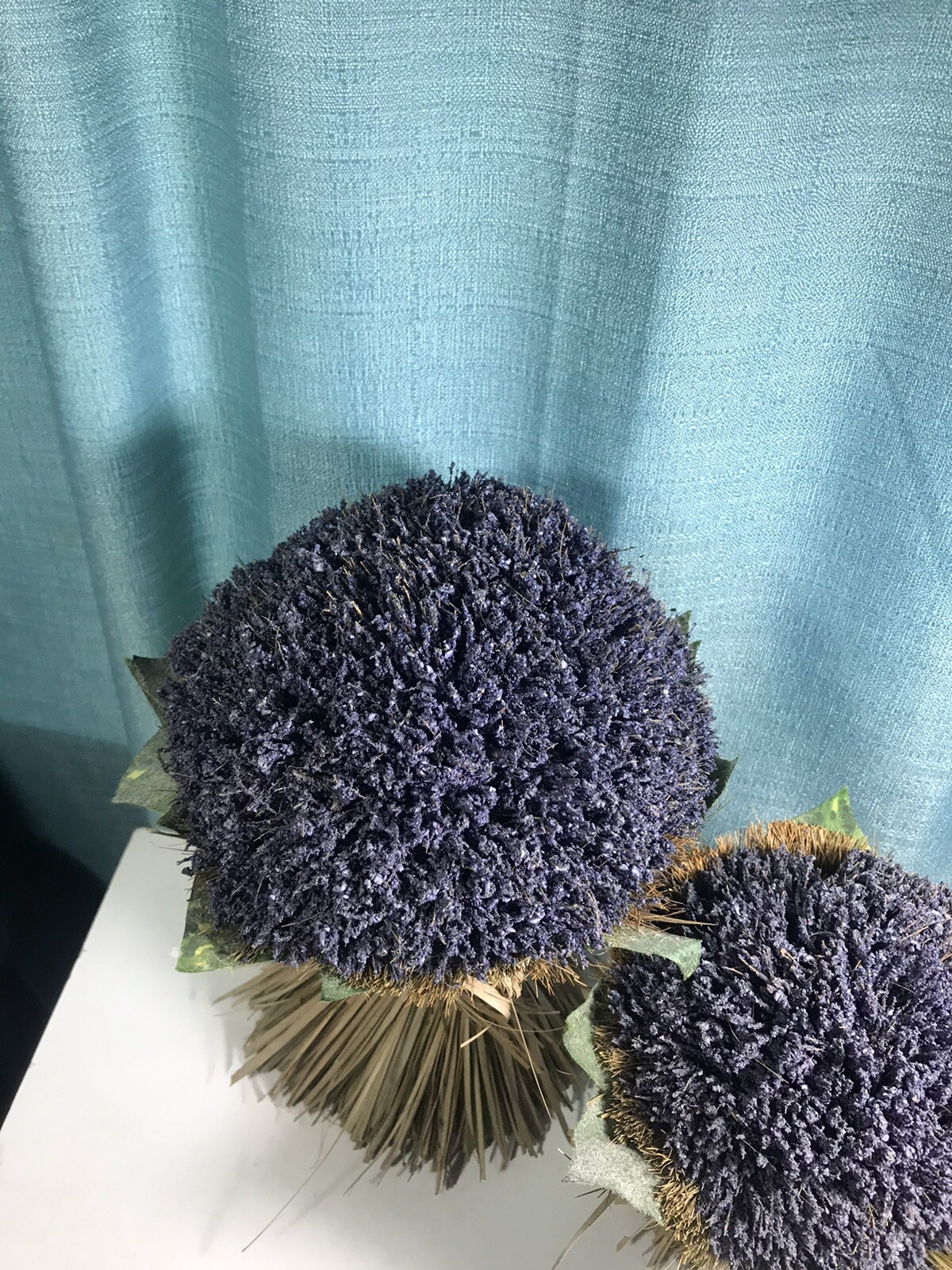 Artificial Lavender Bouquet Pair Free Standing Rounded Bunch w Grass Bow