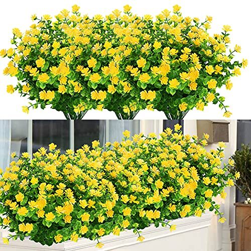 Bundles Outdoor Artificial Flowers UV Resistant Fake Boxwood Plants, 6 Yellow