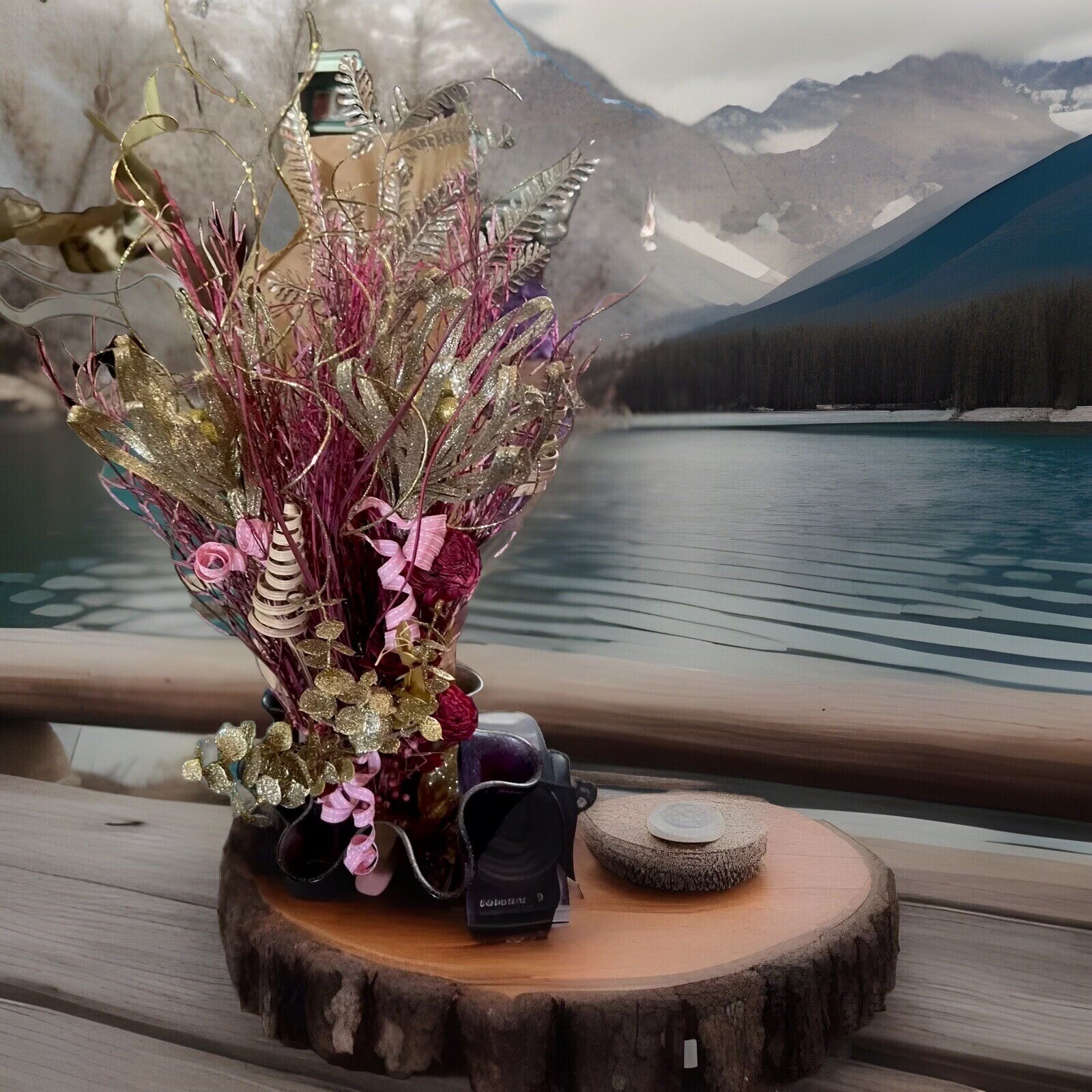 Large vibrant pink and Mauve With Gold floral arrangement, flower arrangement