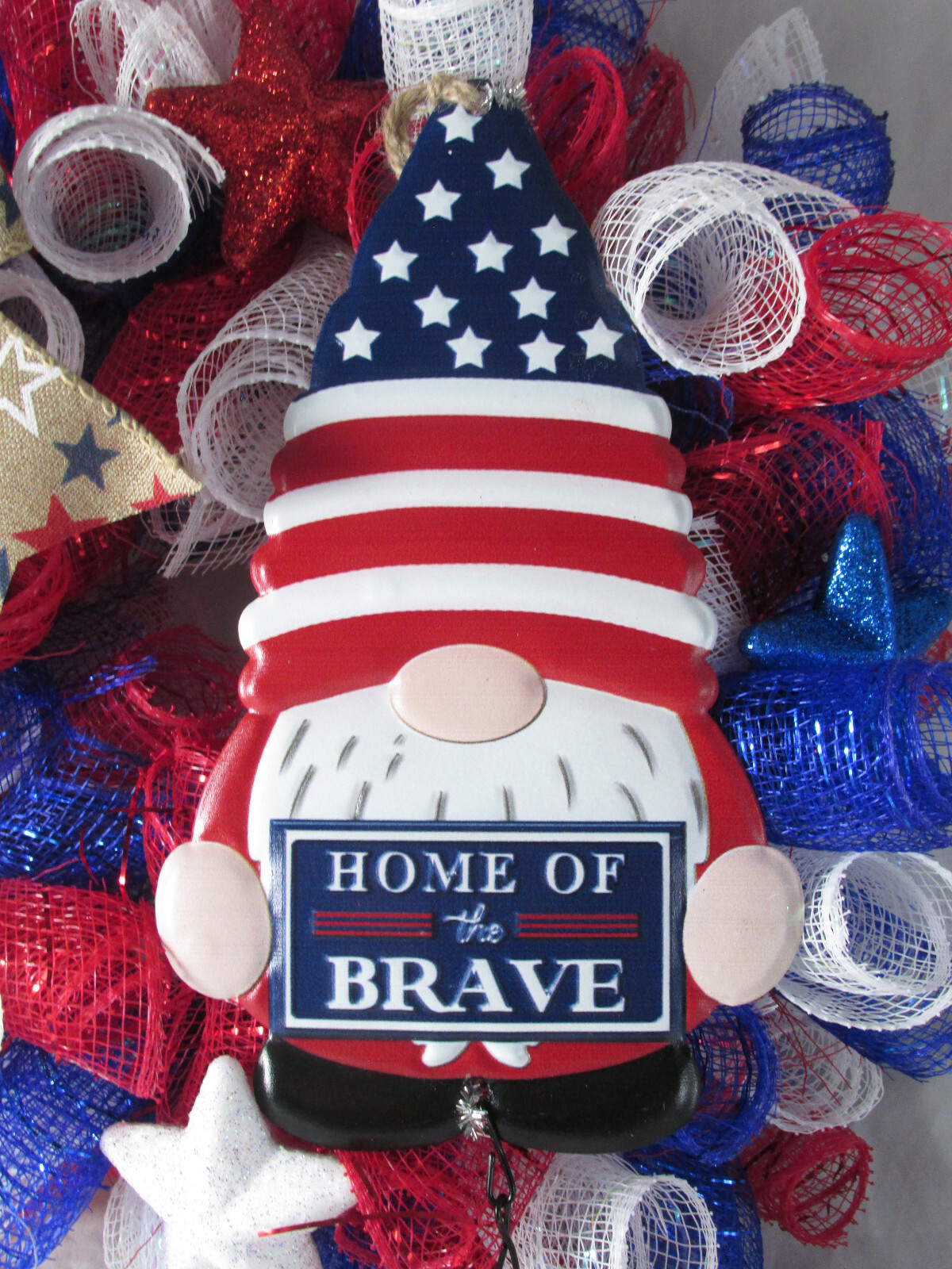 Patriotic Stars and Stripes Curly Deco Mesh Knome Wreath