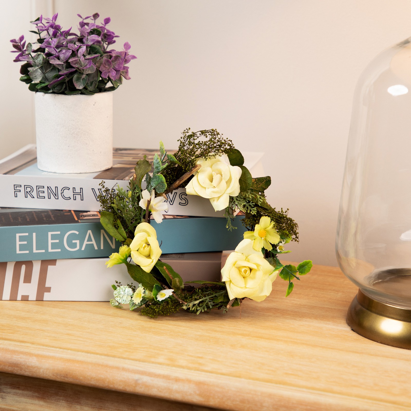 Mini Rose and Foliage Artificial Spring Wreath – 7″ – Yellow