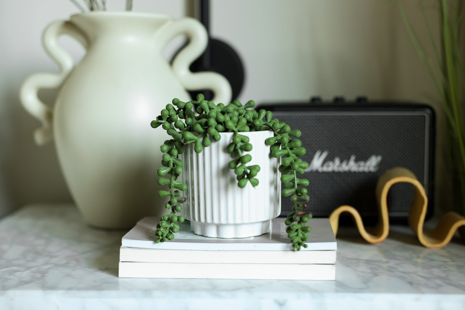 5.38” UV Protected Artificial String of Pearls in White Ceramic Pot Tabletops