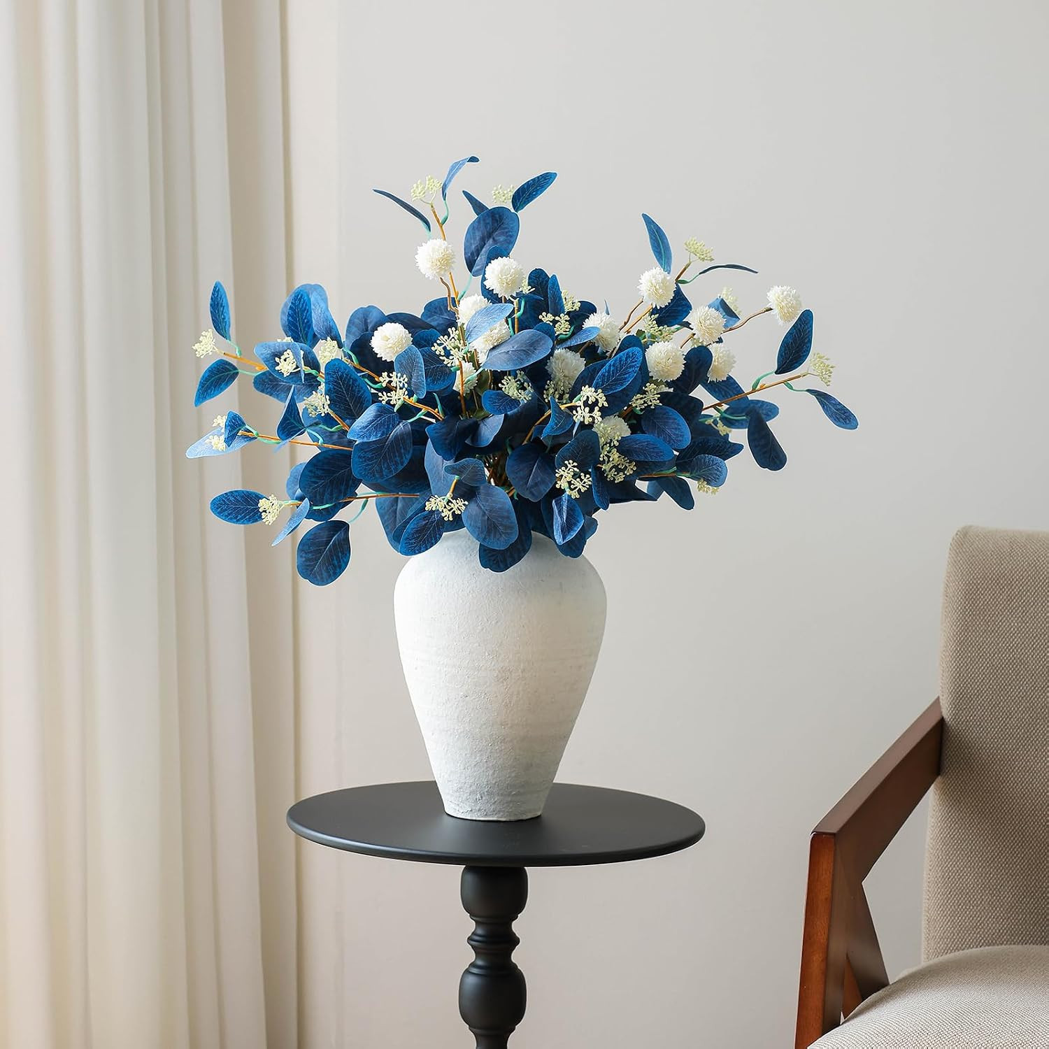 Blue Eucalyptus & Beige Silk Mums – 15Pcs Faux Floral Arrangement for Decor