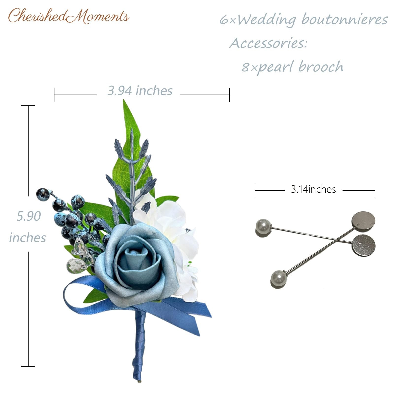 6 PCS Dusty Blue Boutonniere Men Pins Artificial Foam Rose Wedding Prom Decor