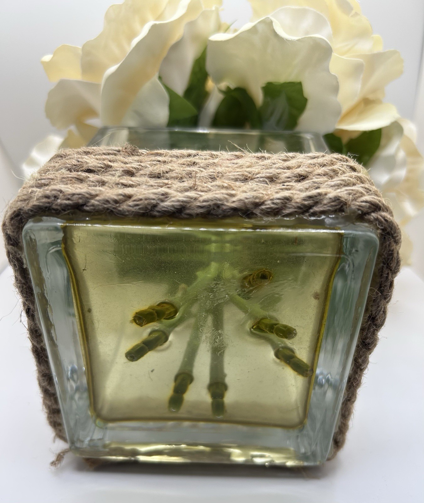 Rose Stems Floral Silk Roses In Glass Cube Rope Wrap Bottom
