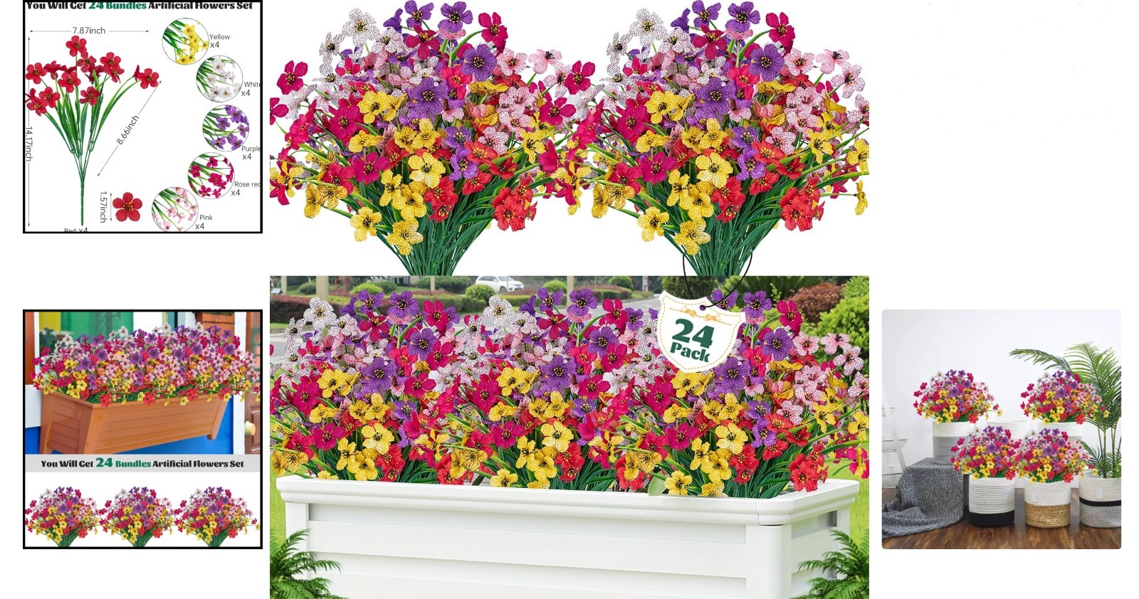 24 Pcs UV Resistant Artificial Flowers Outdoor Indoor Decor Garden Patio