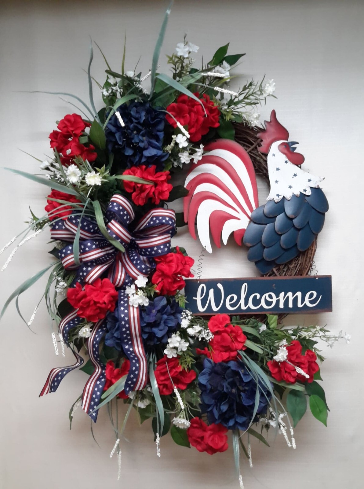 Patriotic Door Wreath Rooster Flower Door Decor USA Memorial Day Fourth of July