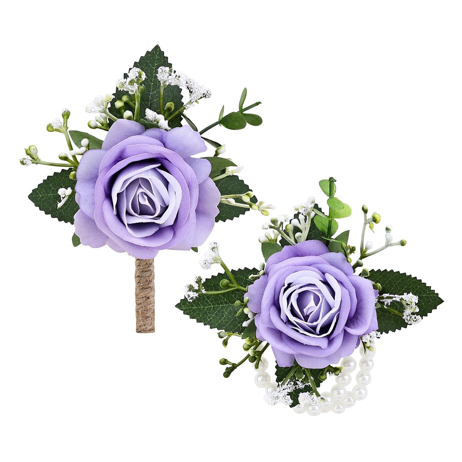 2Pcs Purple Wrist Corsage and Men Boutonniere Set, Artificial Flower Wristlet…