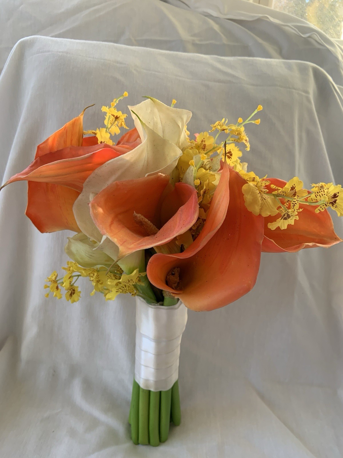 Bridal Prom Lily Bouquet Orange White Flowers Exotic Realistic Faux Rubber Soft