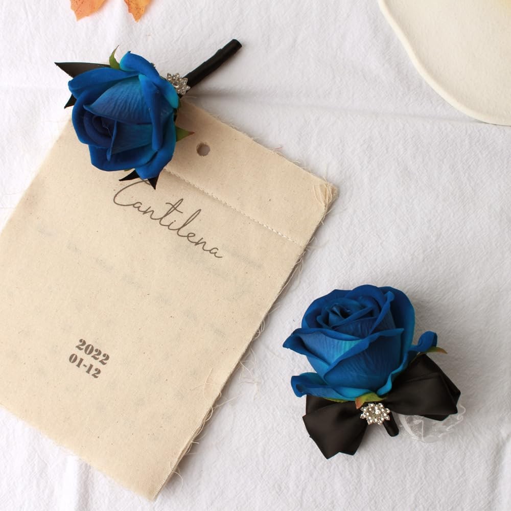 2 PCS Wrist Corsage Rose Boutonniere Set Wedding Prom Hand Decor Black Blue