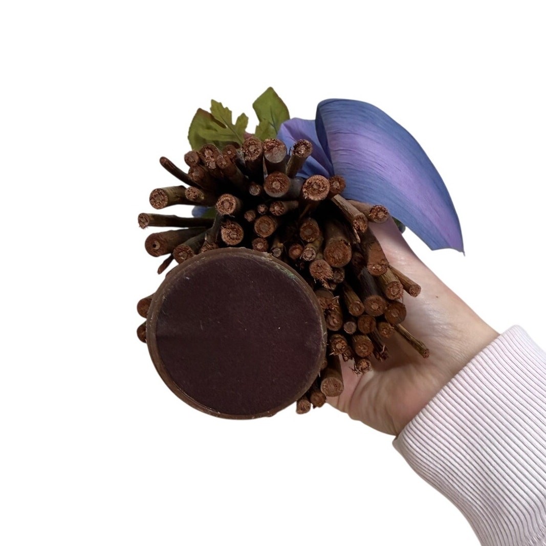 Rustic Twig Vase Floral Arrangement Purple Blue Decor