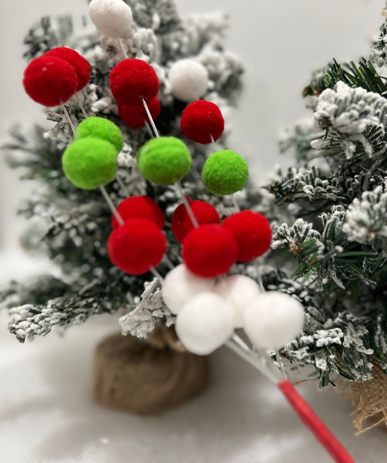 Red Green and White Pom Pom Pick Christmas Tree Stem Holiday Craft Supplies