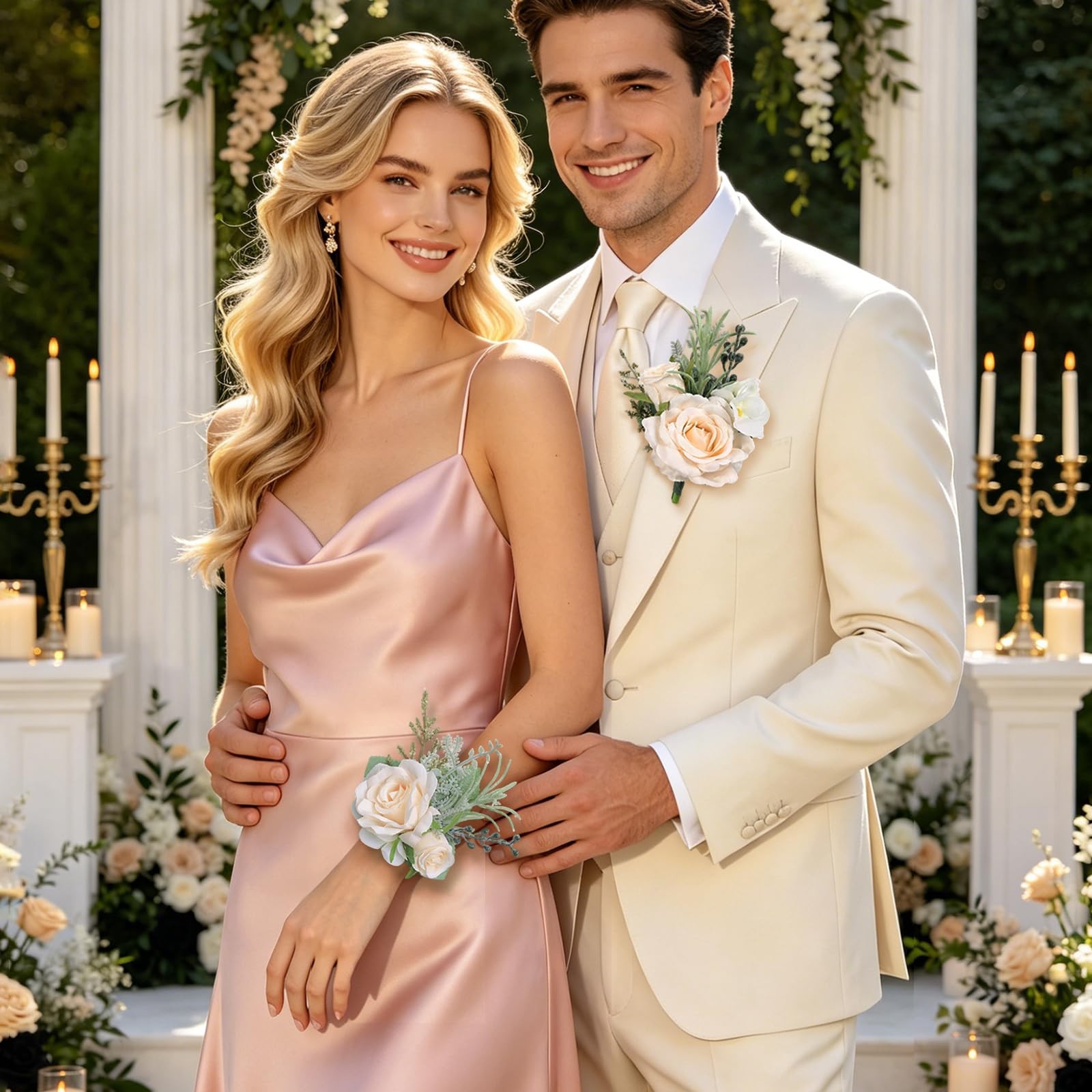 Champagne Faux Silk Rose Corsage and Boutonniere Set for Prom