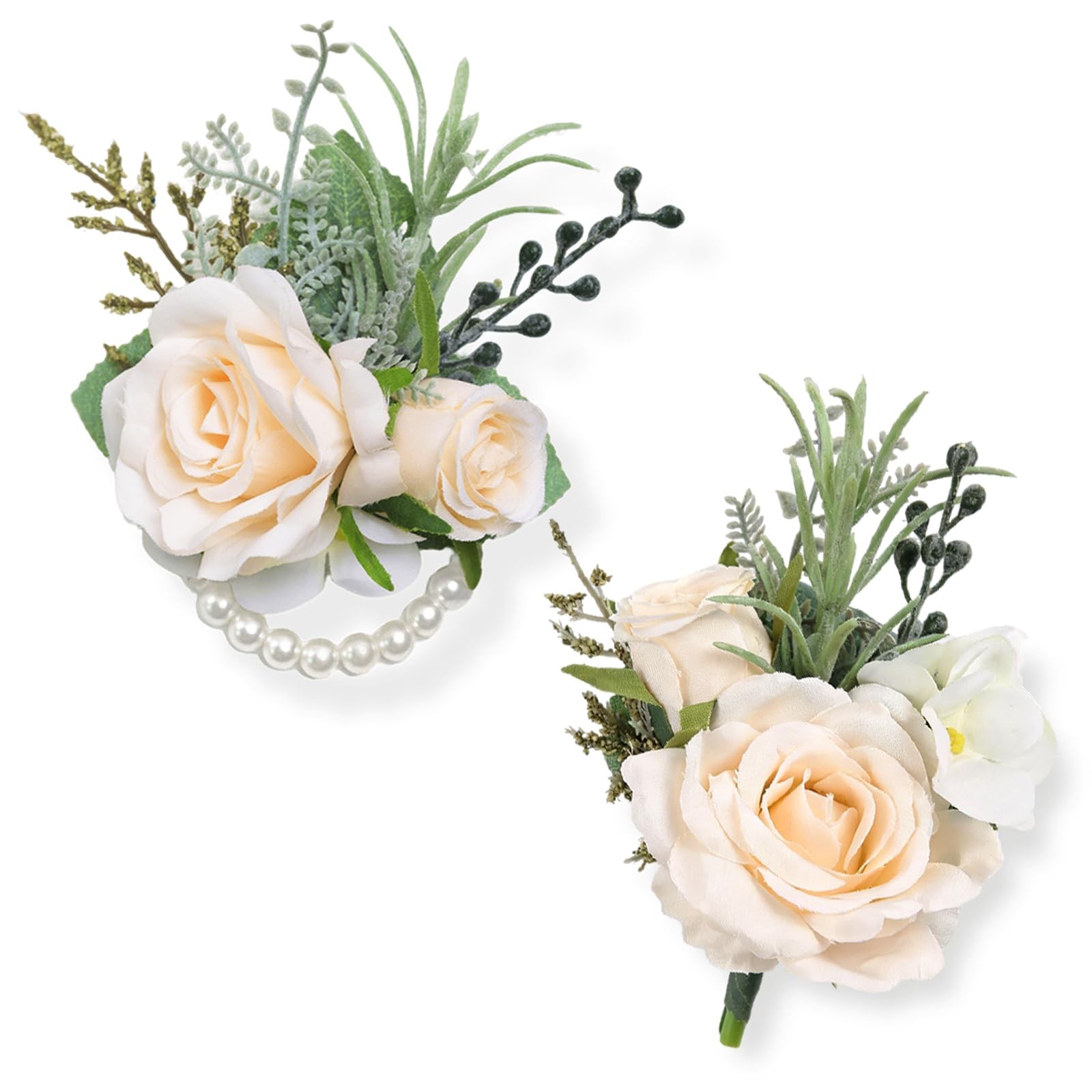Champagne Faux Silk Rose Corsage and Boutonniere Set for Prom