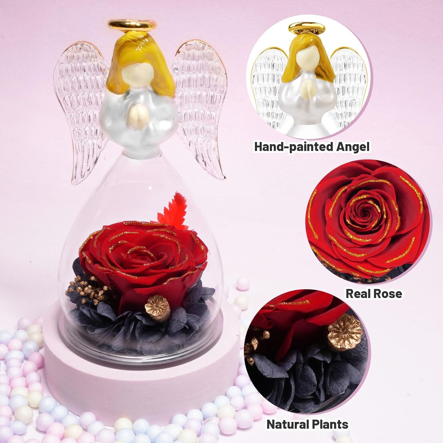 Preserved Flowers Rose Birthday Gifts for Women Mom in Glass Angel Figurines, Mo