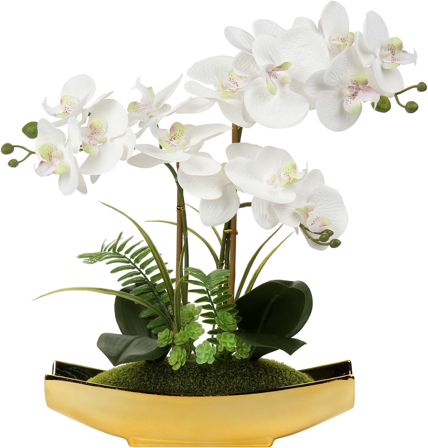 Real Touch 15″ White Phalaenopsis Orchid in Gold Pot – Home Decor Centerpiece