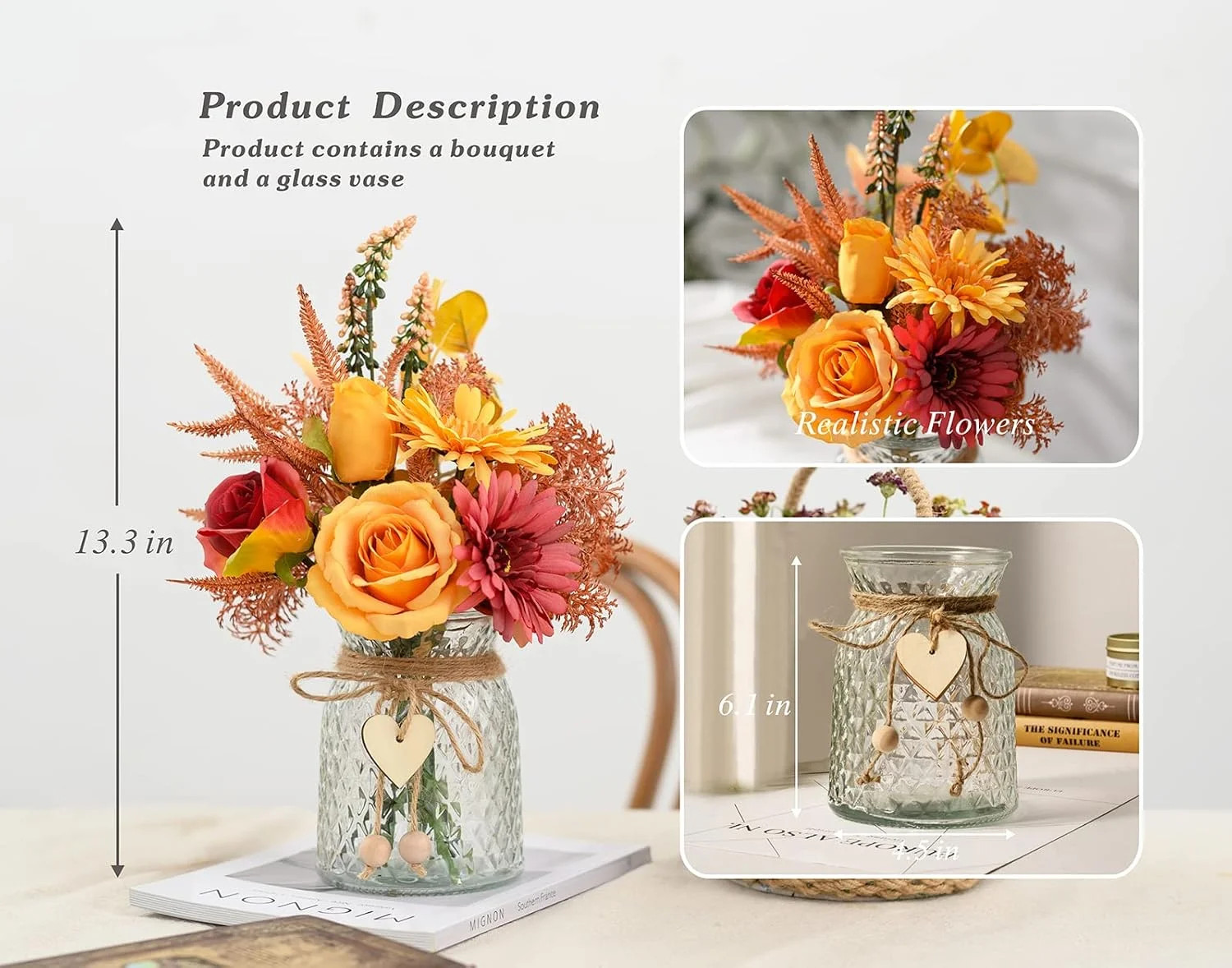 Artificial Flowers with Vase, Faux Silk Flowers Arrangement in Vase, Rustic Home