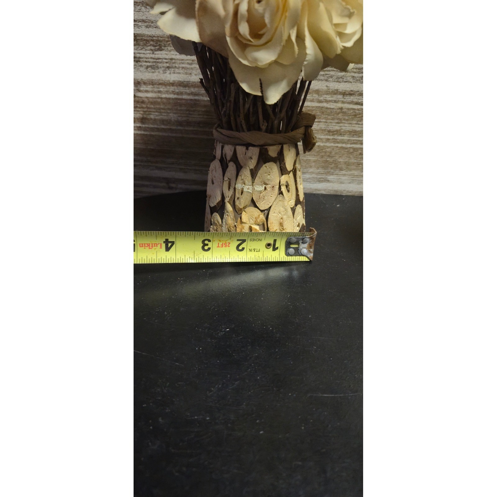 Cream Faux Rose Floral Arrangement in Rustic Wood Slice Base Farmhouse Decor