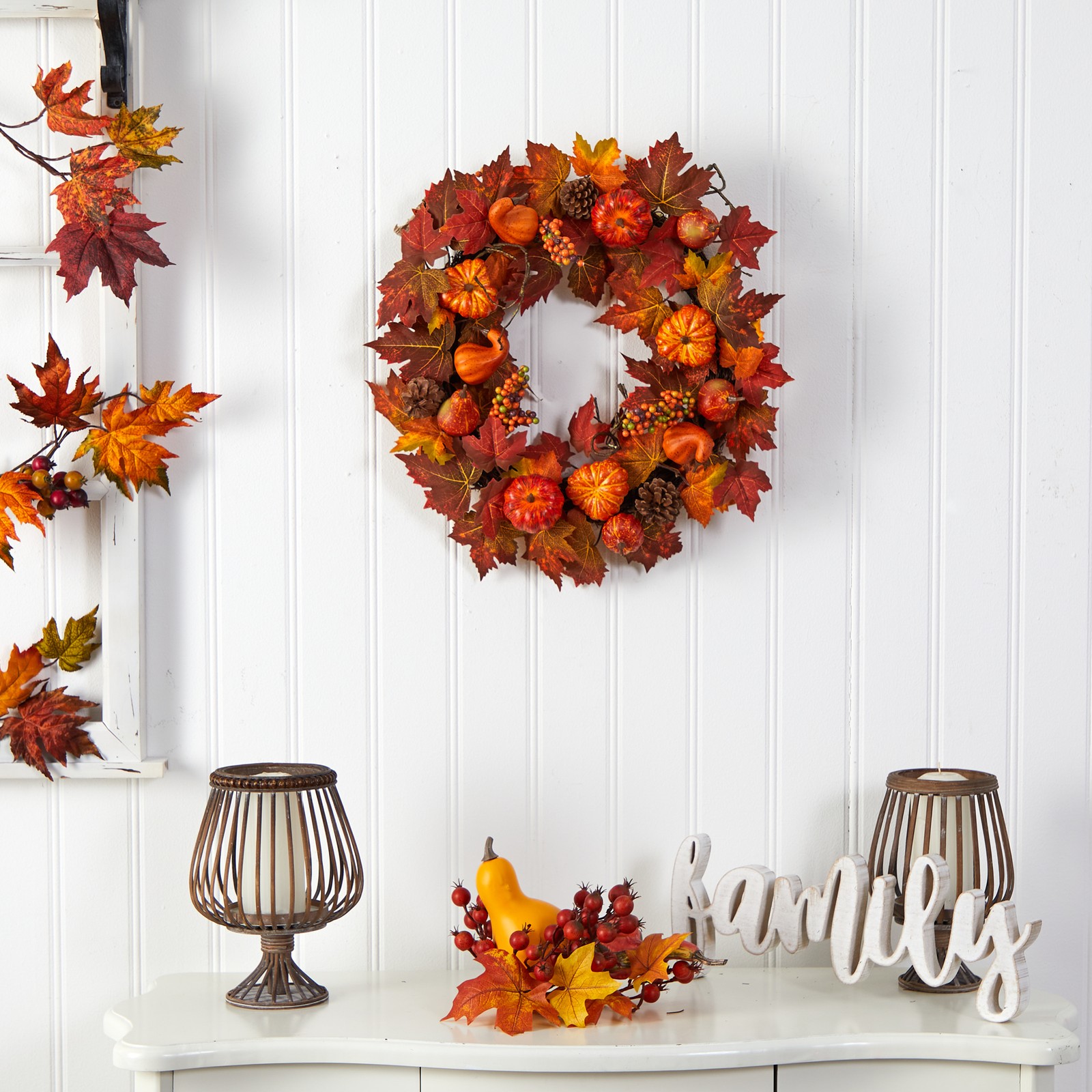 Nearly Natural 24″ Autumn Maple Leaves Pumpkin Pinecone & Berries Fall Wreath