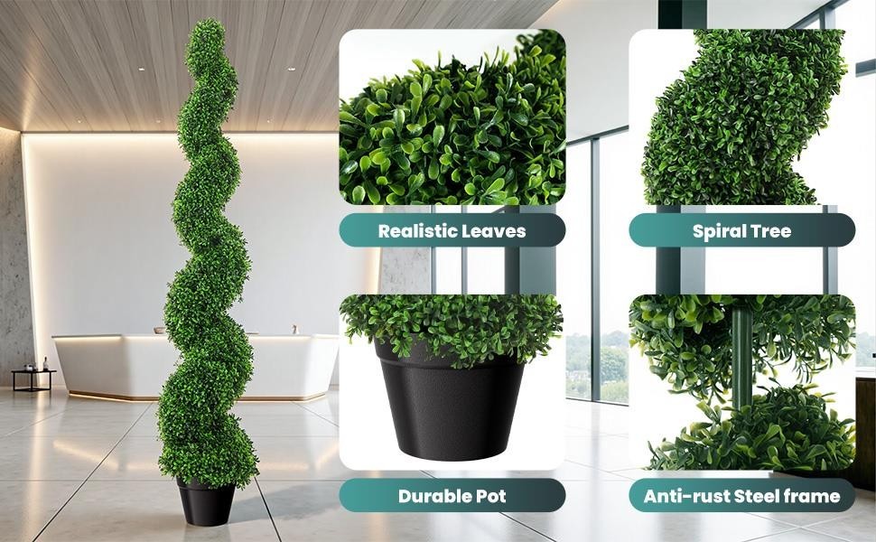 2-Pack Artificial Boxwood Spiral Trees 5 FT UV-Resistant Fake Plants w/ Pot