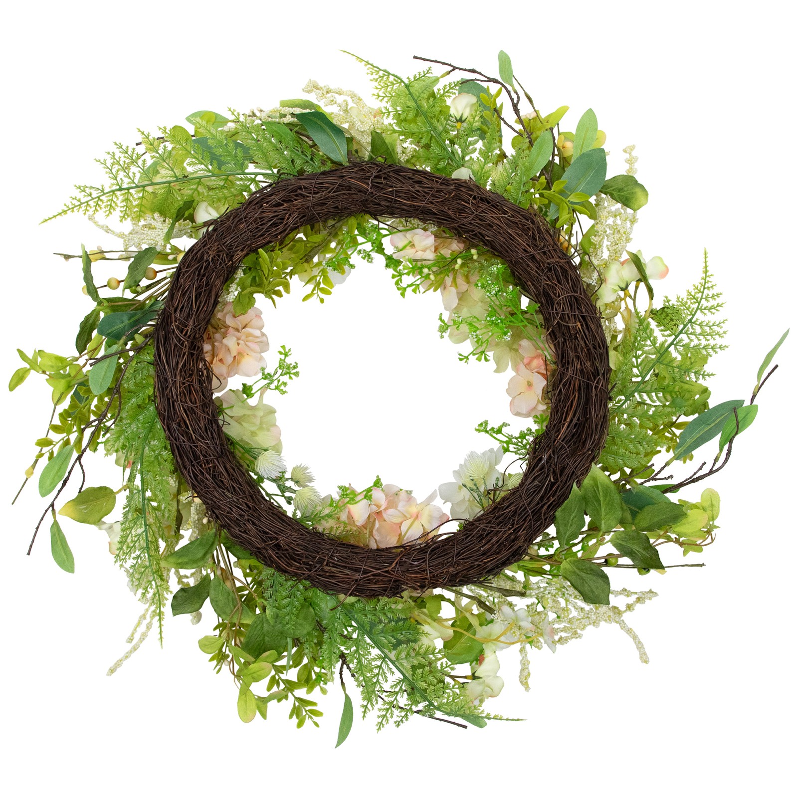 Northlight Hydrangea and Fern Spring Floral Berry Wreath, Green and Pink 28-Inch