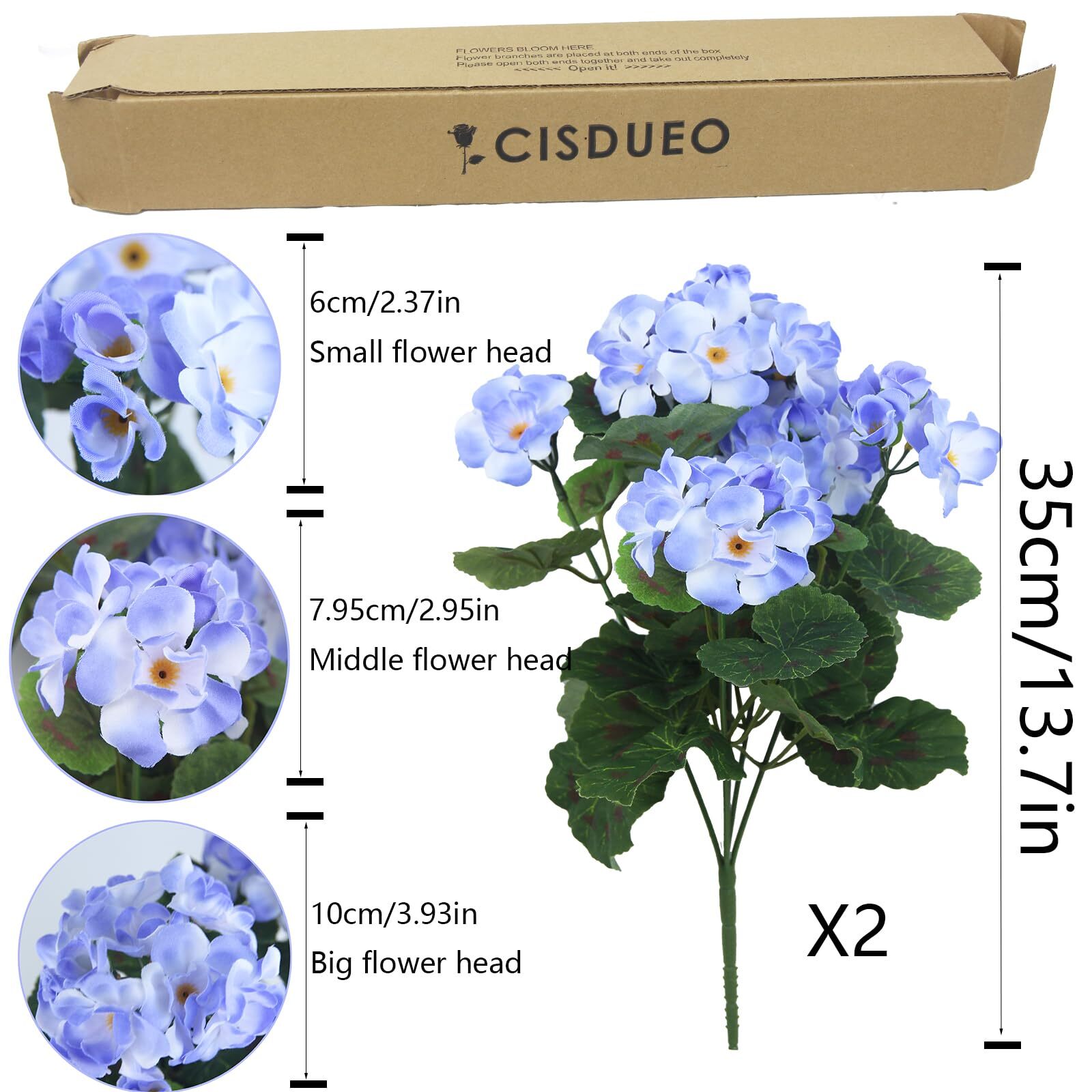 2 Pcs Artificial Geraniums Silk Flowers Outdoor Artificial Geranium Bush Rose