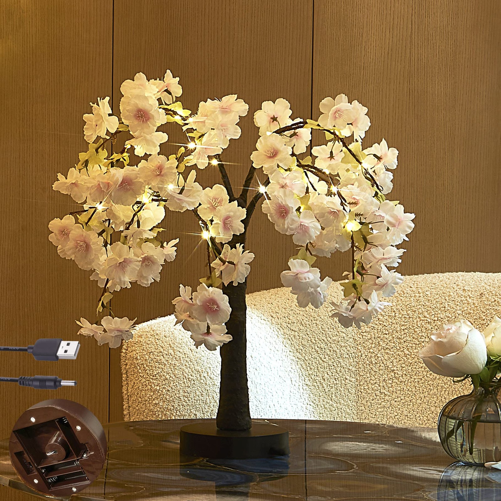LITBLOOM Lighted Cherry Blossom Tree Pink 18IN 40 LED with Timer Artificial T…