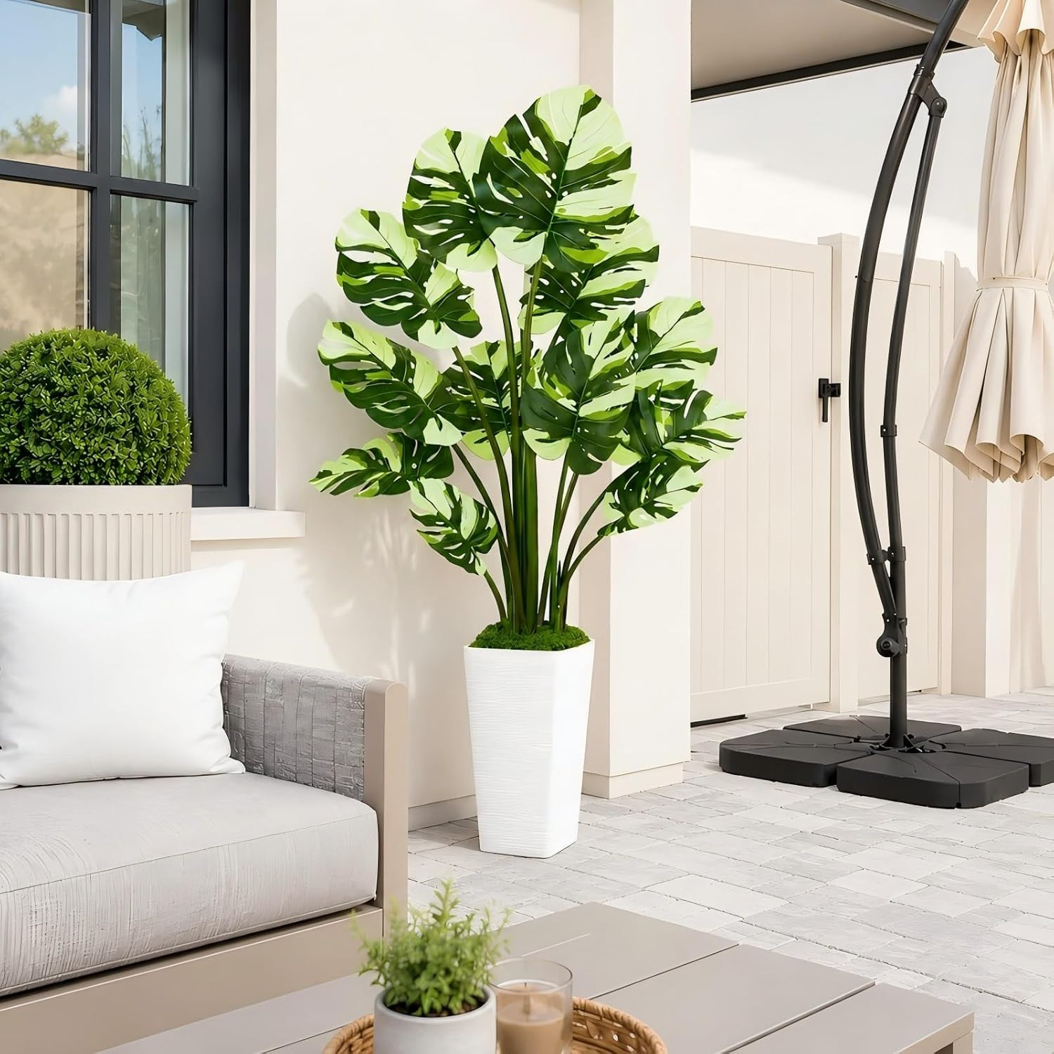 Artificial Monstera Plant, 5FT Tall Fake Tree with Real Touch Big Leaves & White