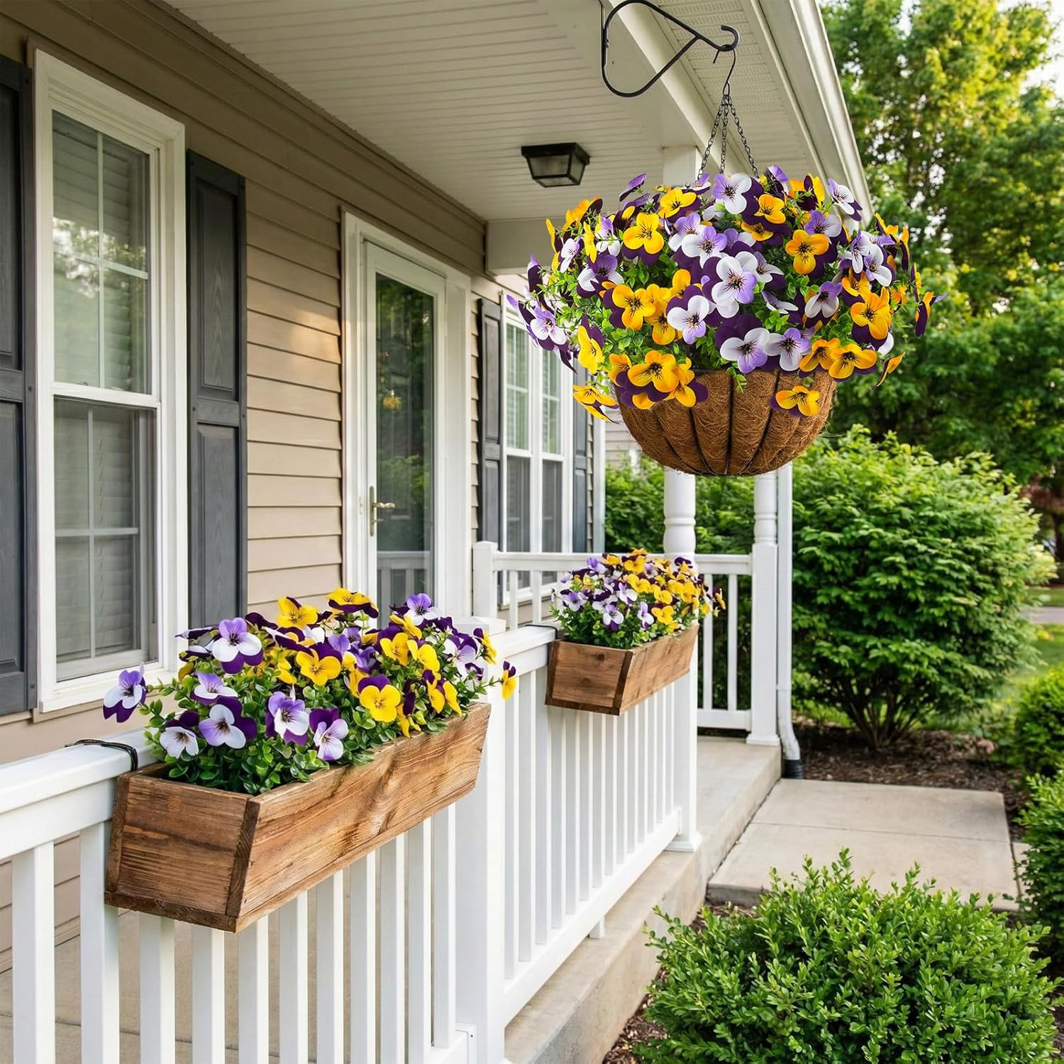 2 Set Artificial Outdoor Pansy Flowers with Hanging Baskets, 2 Hanging Baskets w