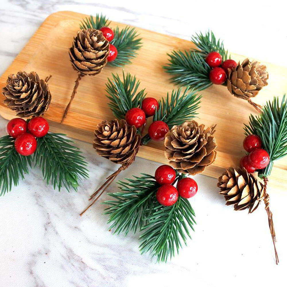 10pcs Red Christmas Berry Artificial Flower Pine Cone Branch Party Xmas Supplies