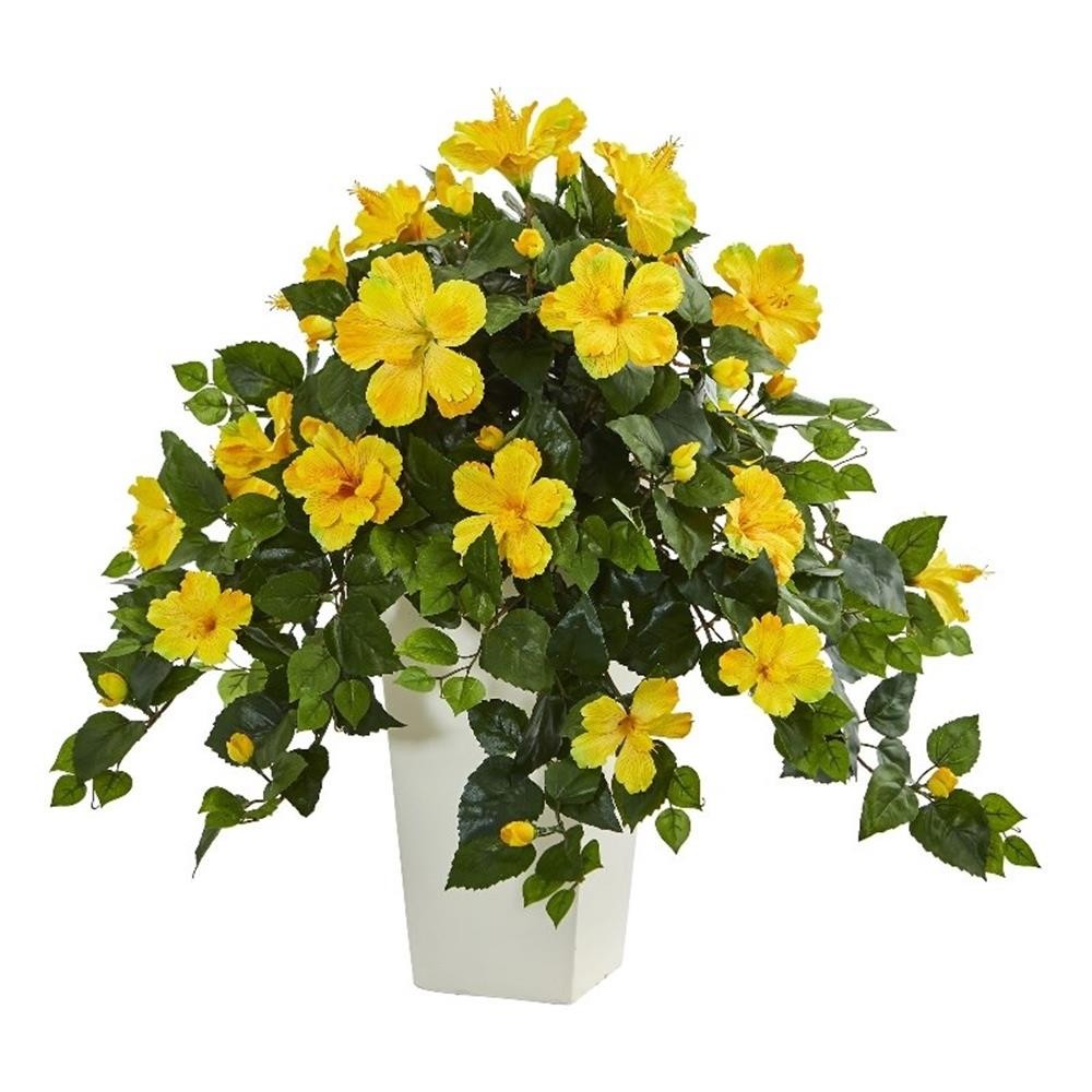 Nearly Natural Hibiscus Artificial Plant in White Tower Planter in Yellow