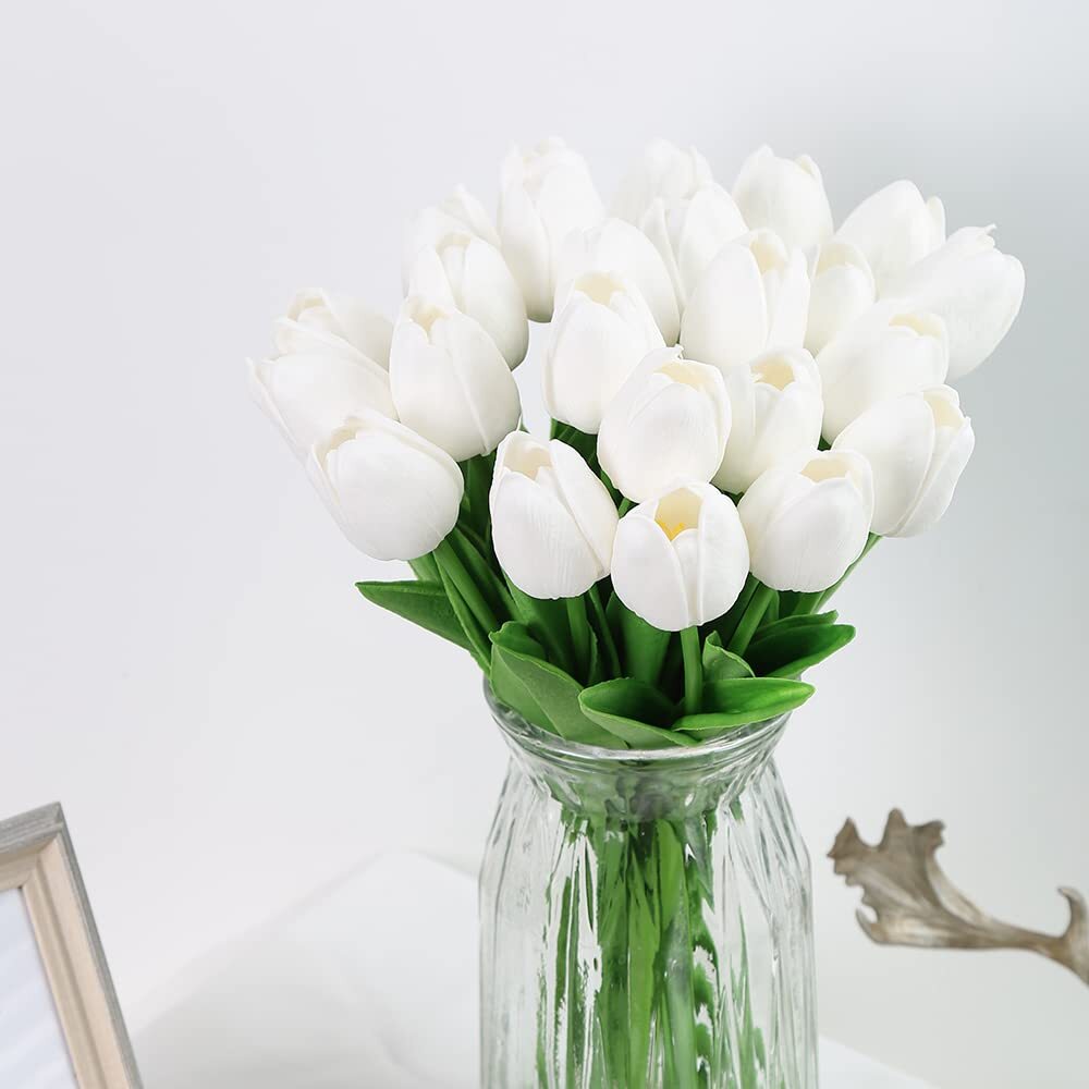 24PCS Artificial White Tulips Real Touch Flowers for Centerpieces Home Decor