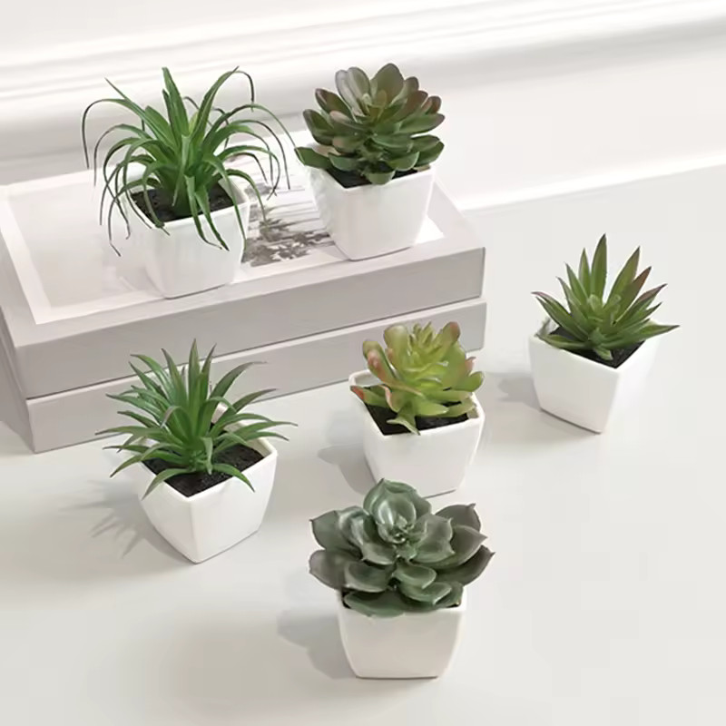 6Pcs Mini Artificial Succulents Plastic Green Faux Plants in White Pots