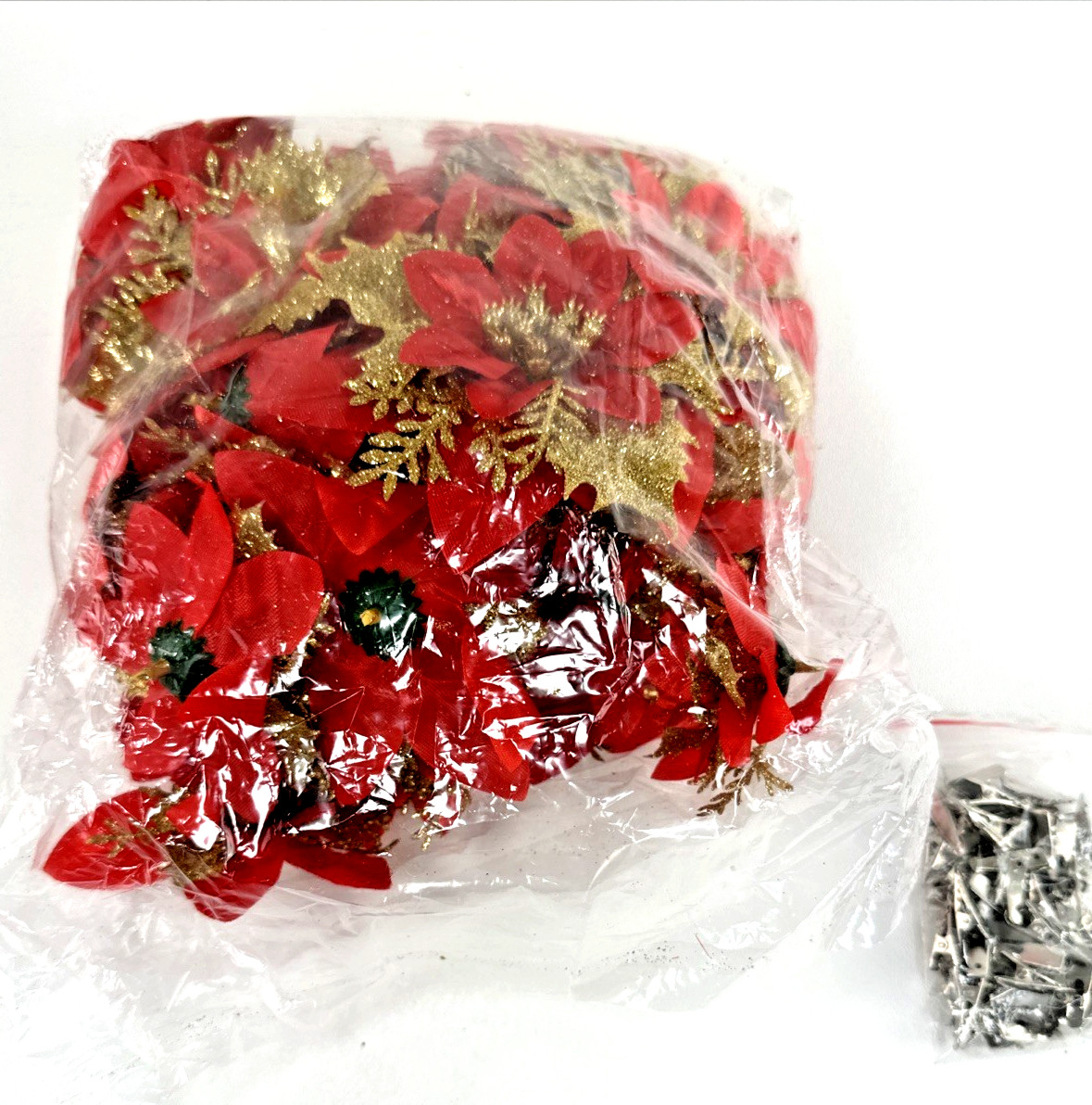 36 Christmas Poinsettia Red Gold-Tone Fabric Flowers & Add On Clips 2″-5″