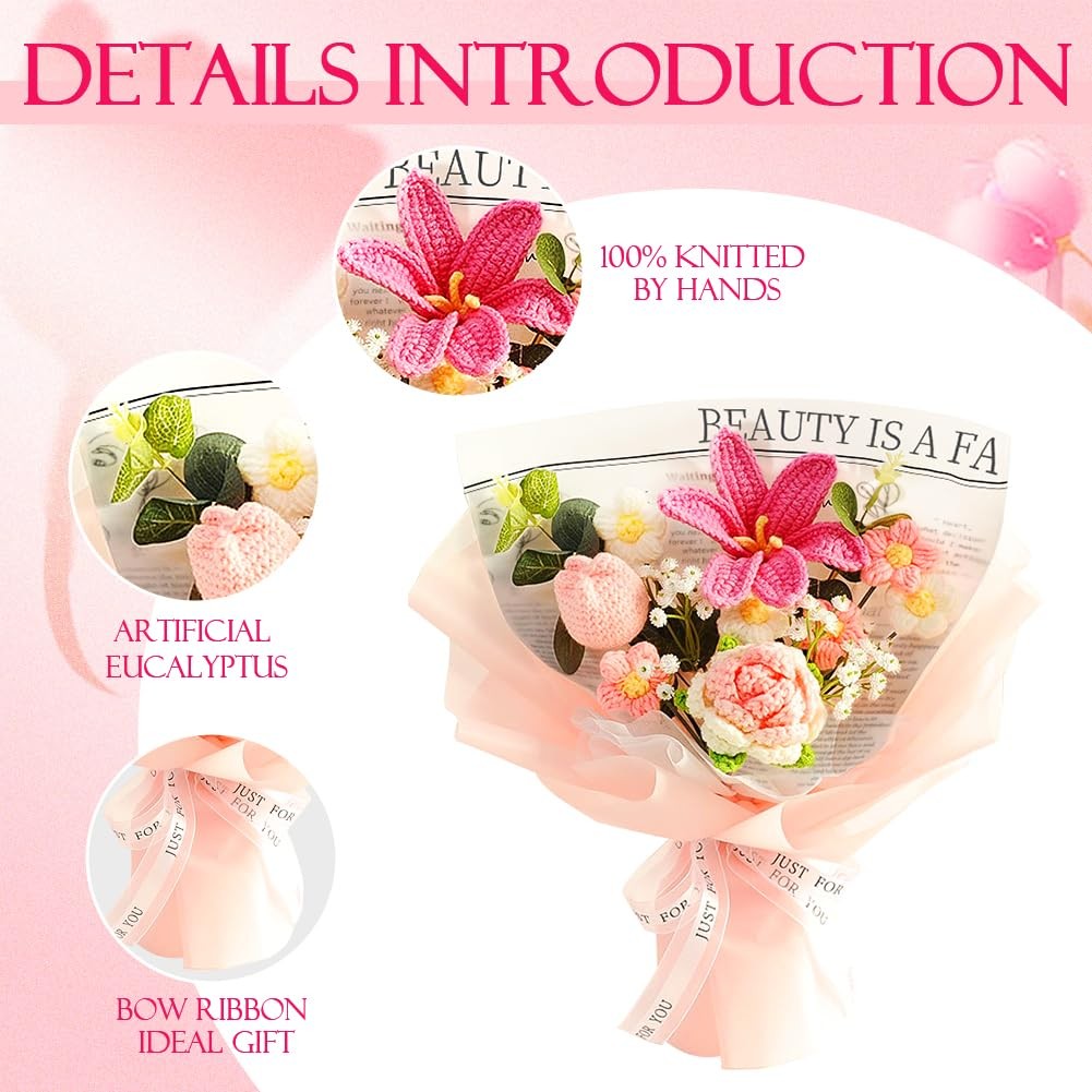 Pink Crochet Flower Bouquet Tulip Rose Completed Knitted Flowers Home Decor DIY