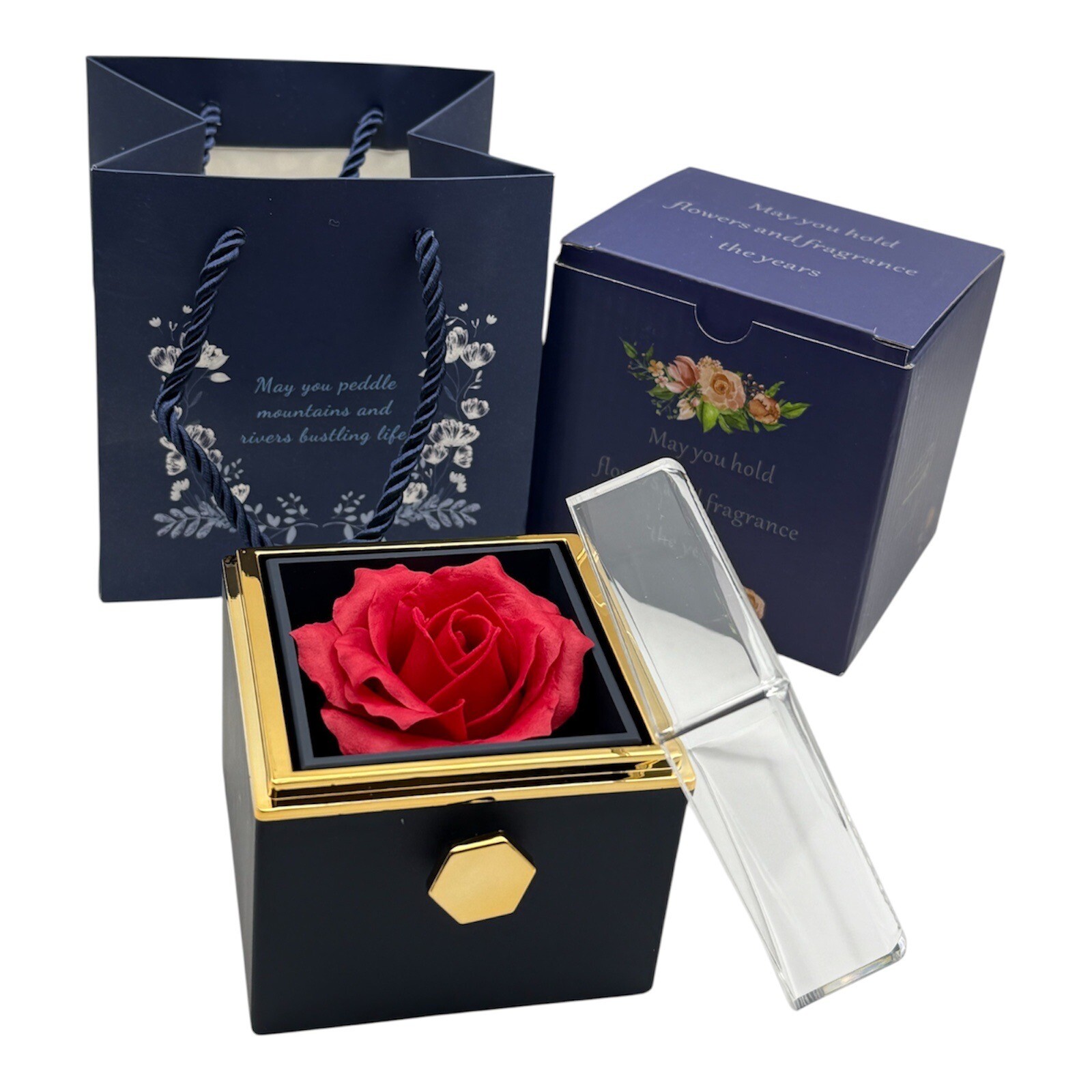 Rotating Blue Valentine wedding Eternal Rose Flower Ring Necklace Gift Box