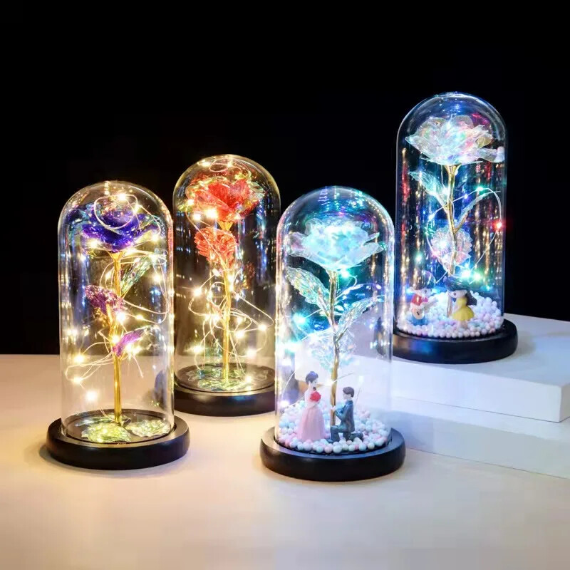 Wholesale artificial rose LED lighting, high-quality 24K rose glass cover