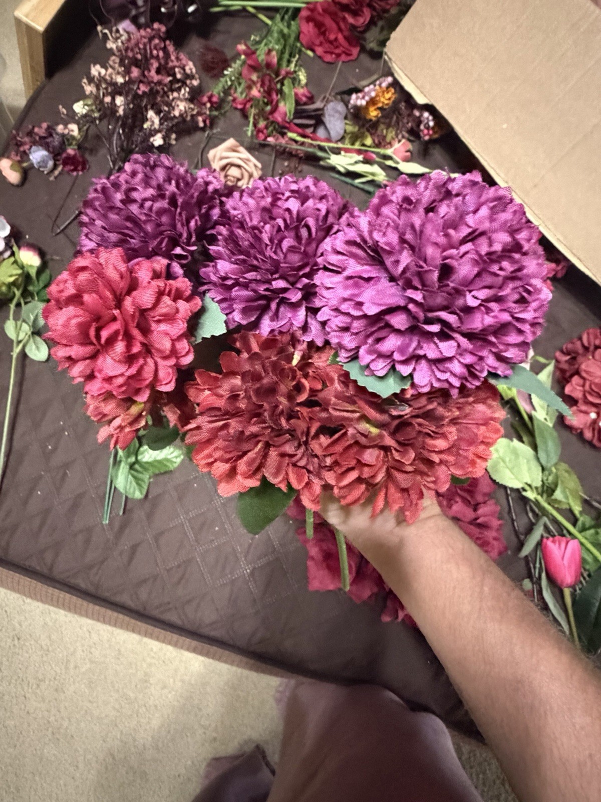 Large Lot / Box of Miscellaneous Artificial Silk Flowers – Burgundy Shades
