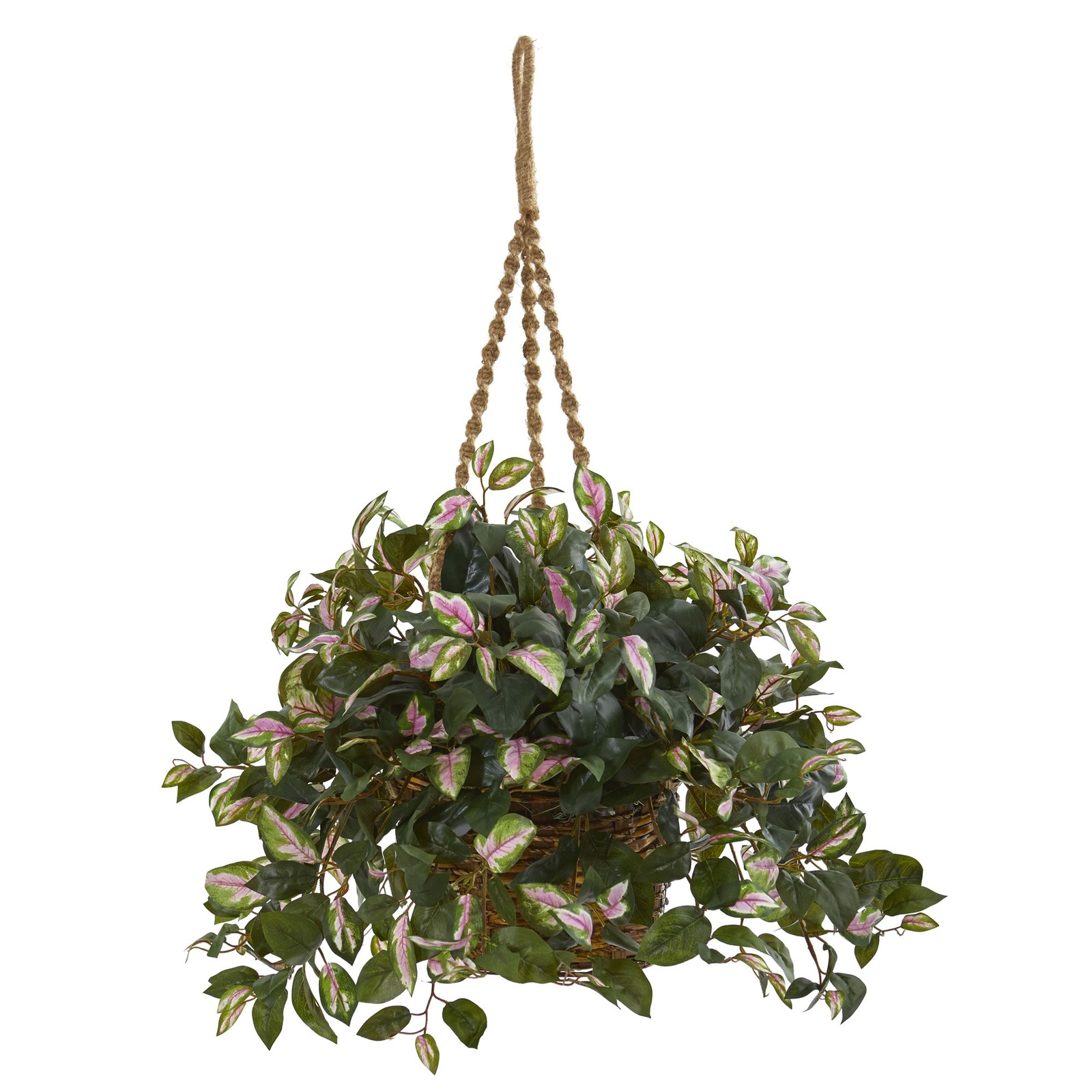 30″ Hoya Artificial Plant Hanging Basket with Green Pink Leaves for Indoor Decor