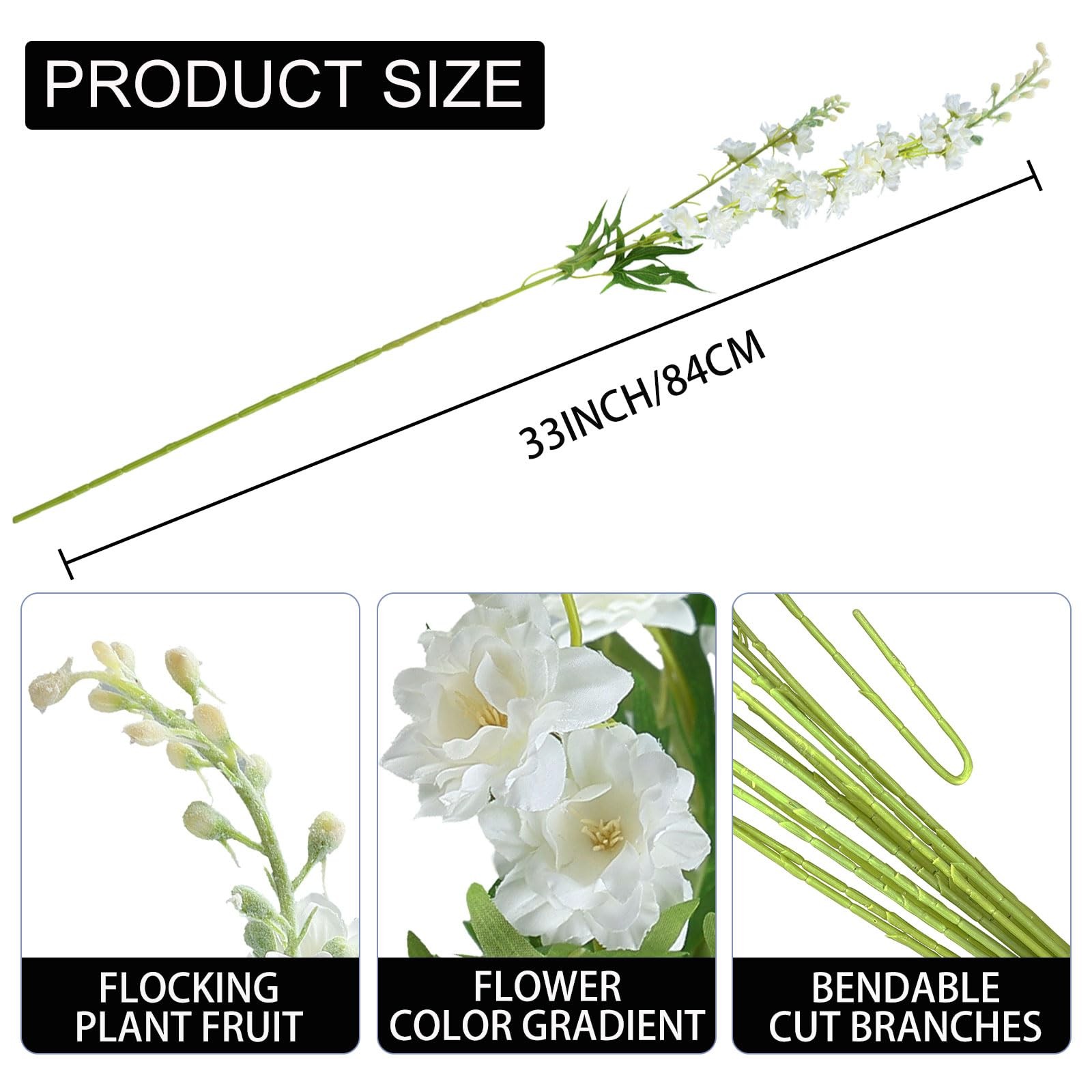 5Pcs Delphinium Artificial Flowers, 33″ Long Stem Silk Flower Tall Fake White