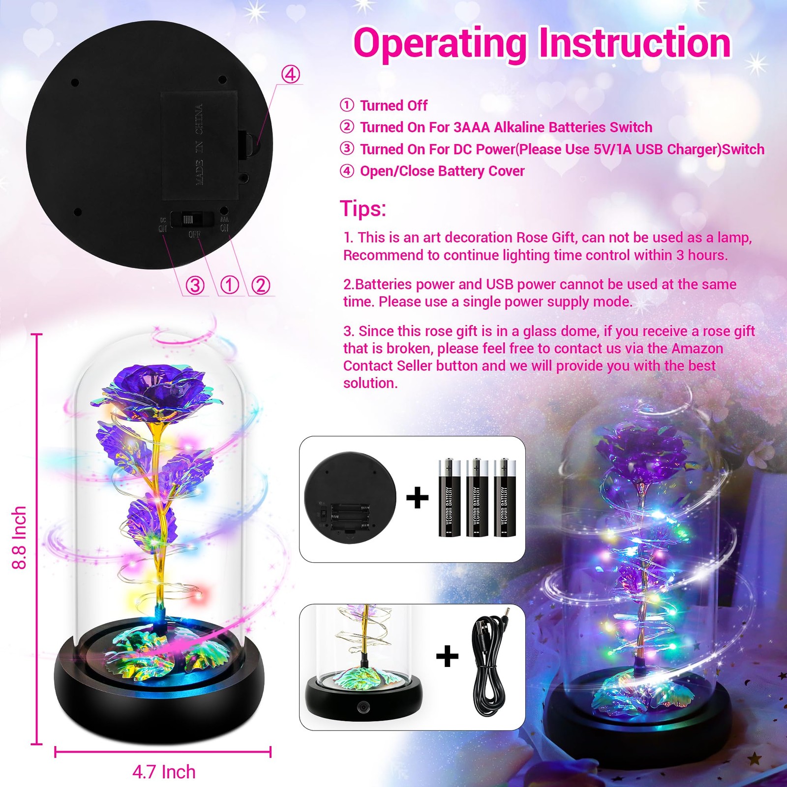Rotating Colorful Purple Rose in Glass Dome Unique Valentines Day Gift for Her