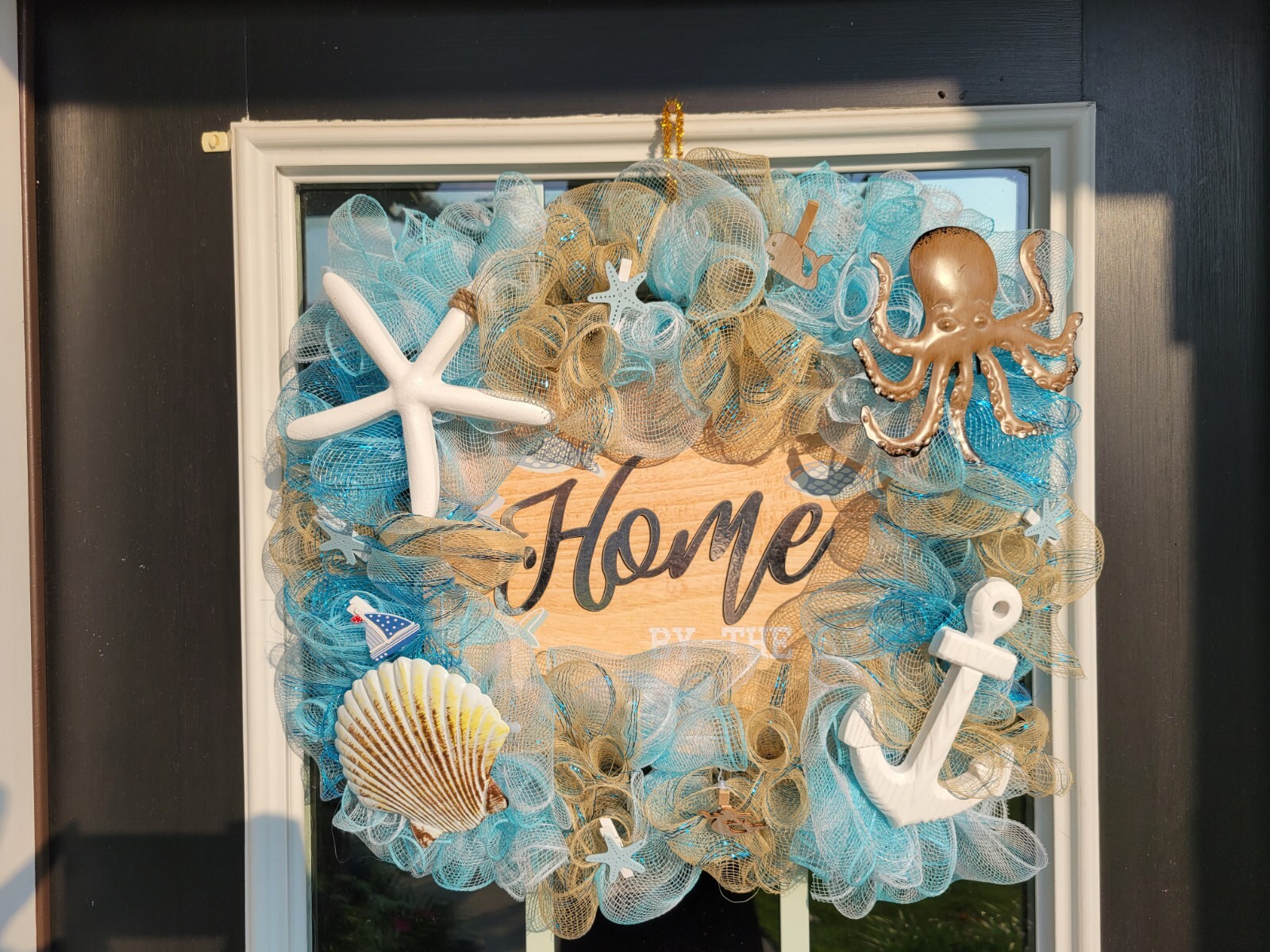 HOME by The Sea Coastal Spring Summer Mesh Front Door Wreath Wall Decor Beach