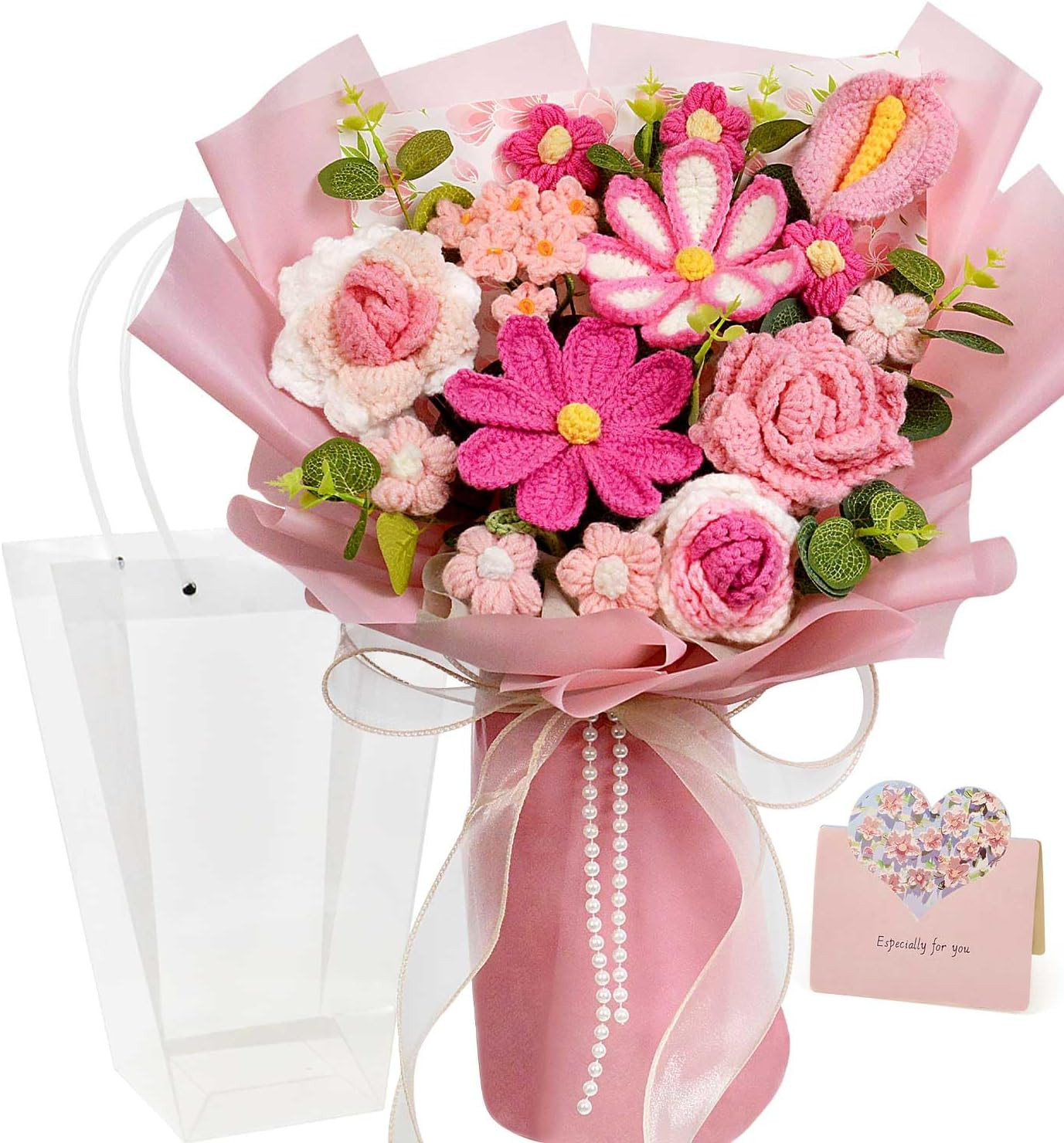 Crochet Flower Bouquet, Handmade Pink Knitted Flowers Bouquet for Mother’S Day,