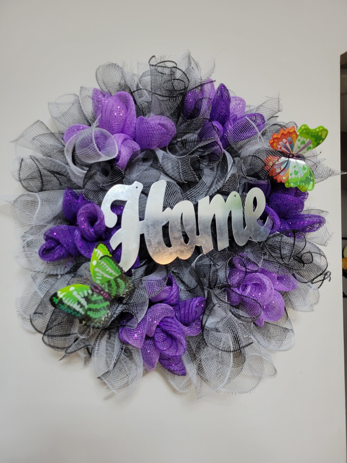 HOME black purple white Spring Summer Fall Wreath bunny Mesh Front Door Decor